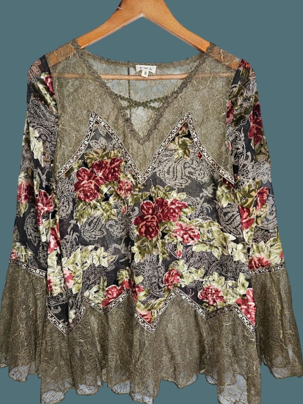 POL Lace Sheer Floral Burnout Romantic Witchy Tunic Top Bell Sleeves Size S
